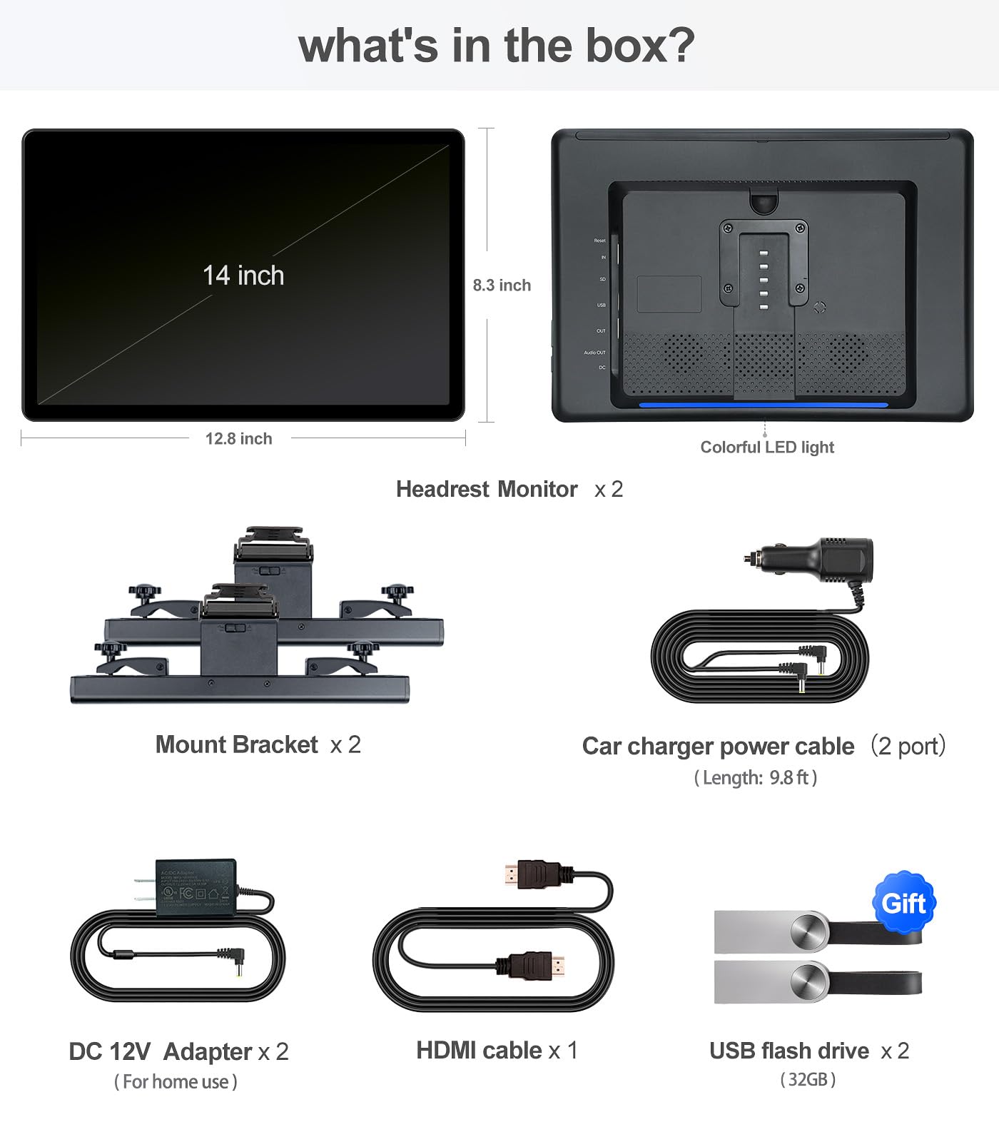 14" 4K Android headrest monitor, WiFi, Bluetooth, HDMI, dual screens