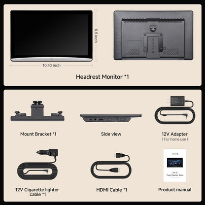 10.8" Android headrest monitor, 5G WiFi, Bluetooth, HDMI, rear screen