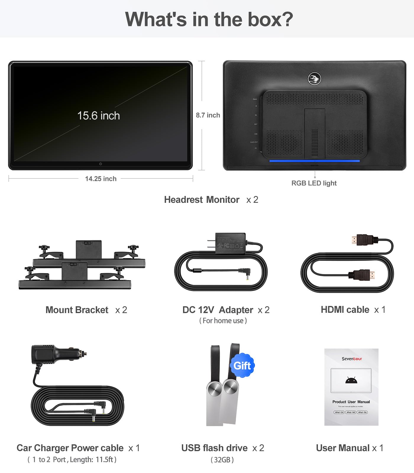 15.6" 4K Android headrest monitor, WiFi, Bluetooth, HDMI, dual screens
