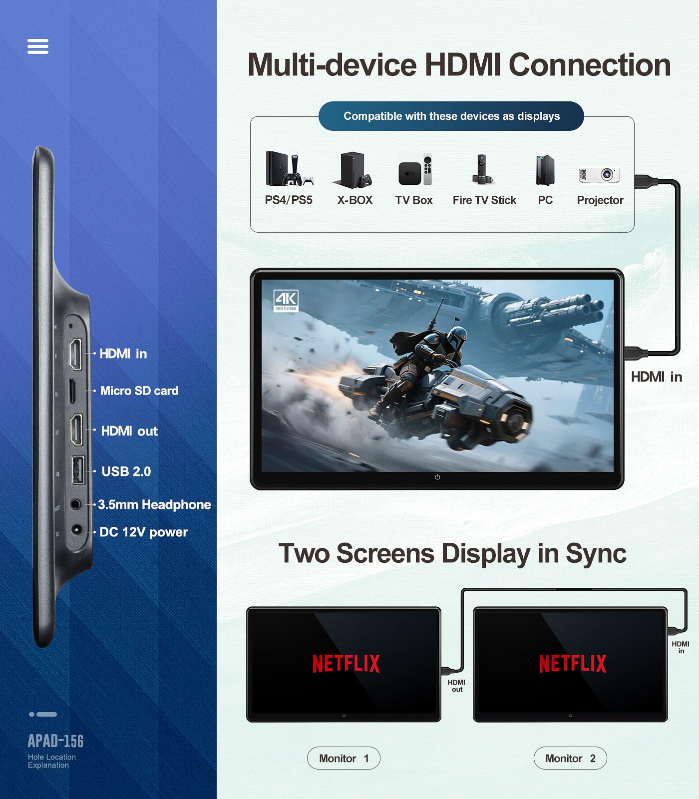 15.6" 4K Android headrest monitor, WiFi, Bluetooth, HDMI, dual screens