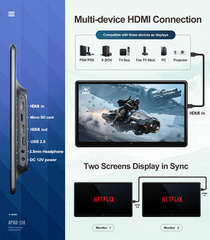 15.6" 4K Android headrest monitor, WiFi, Bluetooth, HDMI, dual screens