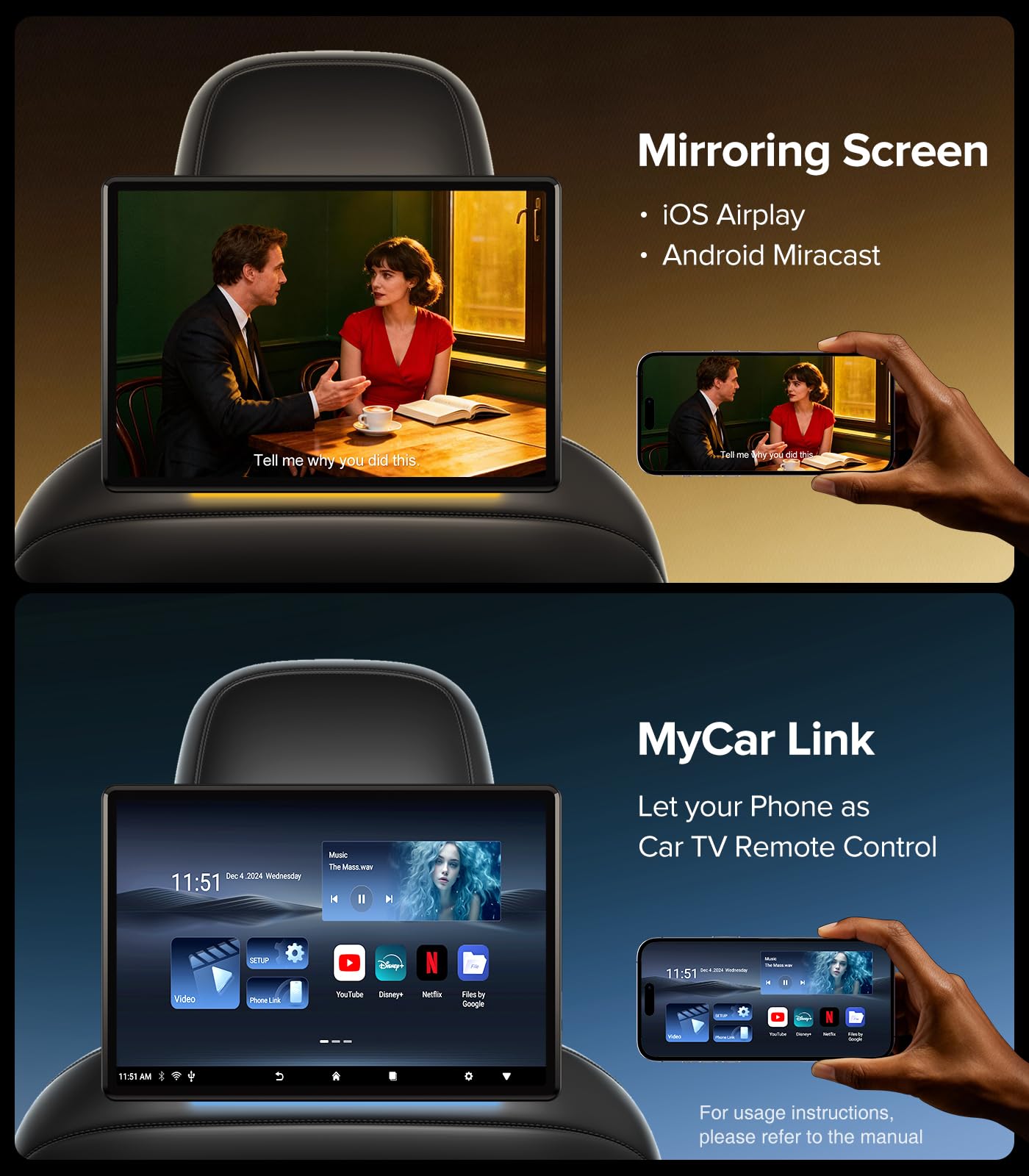 13.5" Android headrest monitor, 4K display, Netflix, HDMI, rear entertainment