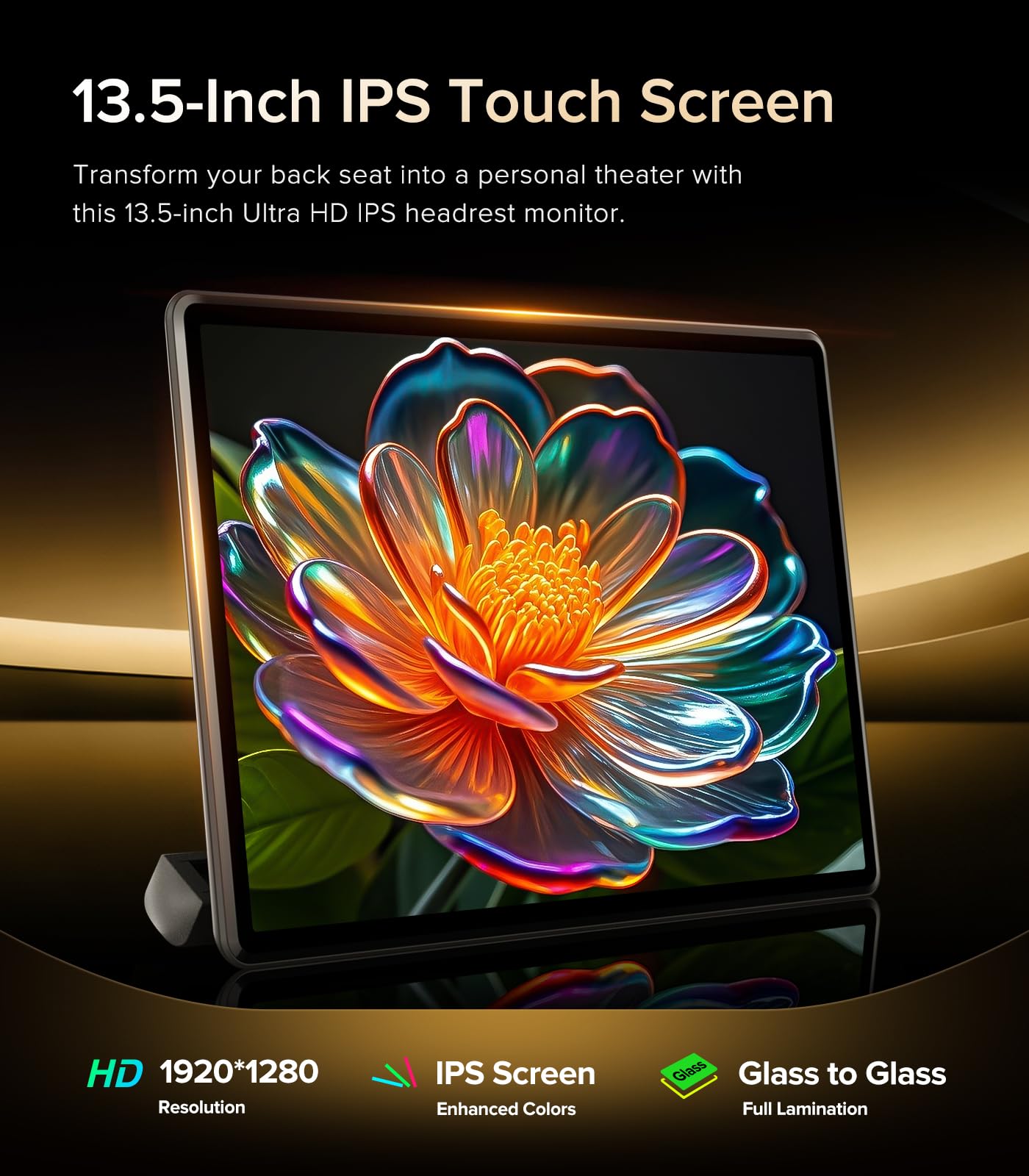 13.5" Android headrest monitor, 4K display, Netflix, HDMI, rear entertainment