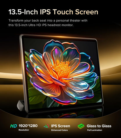 13.5" Android headrest monitor, 4K display, Netflix, HDMI, rear entertainment