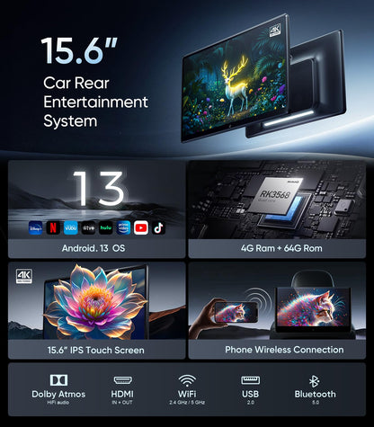 15.6" 4K Android headrest monitor, WiFi, Bluetooth, HDMI, dual screens