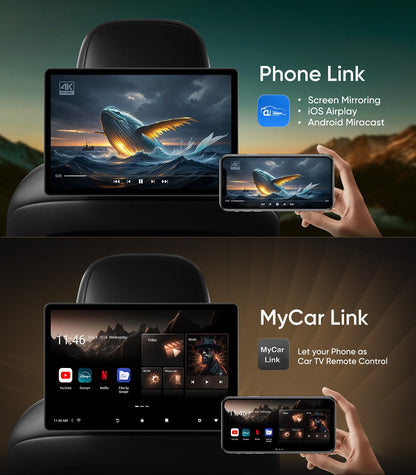 14" 4K Android headrest monitor, WiFi, Bluetooth, HDMI, dual screens