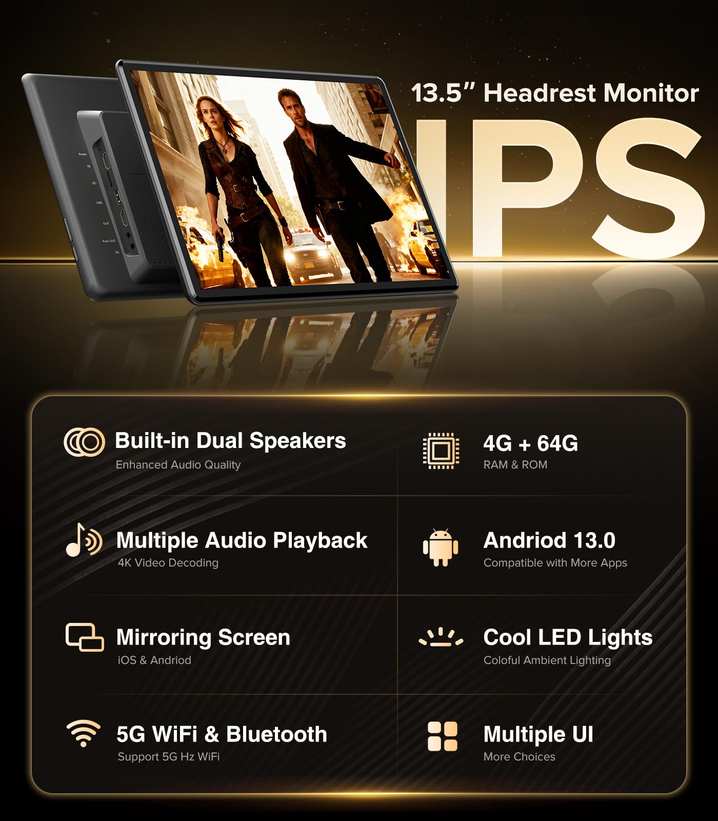 13.5" Android headrest monitor, 4K display, Netflix, HDMI, rear entertainment