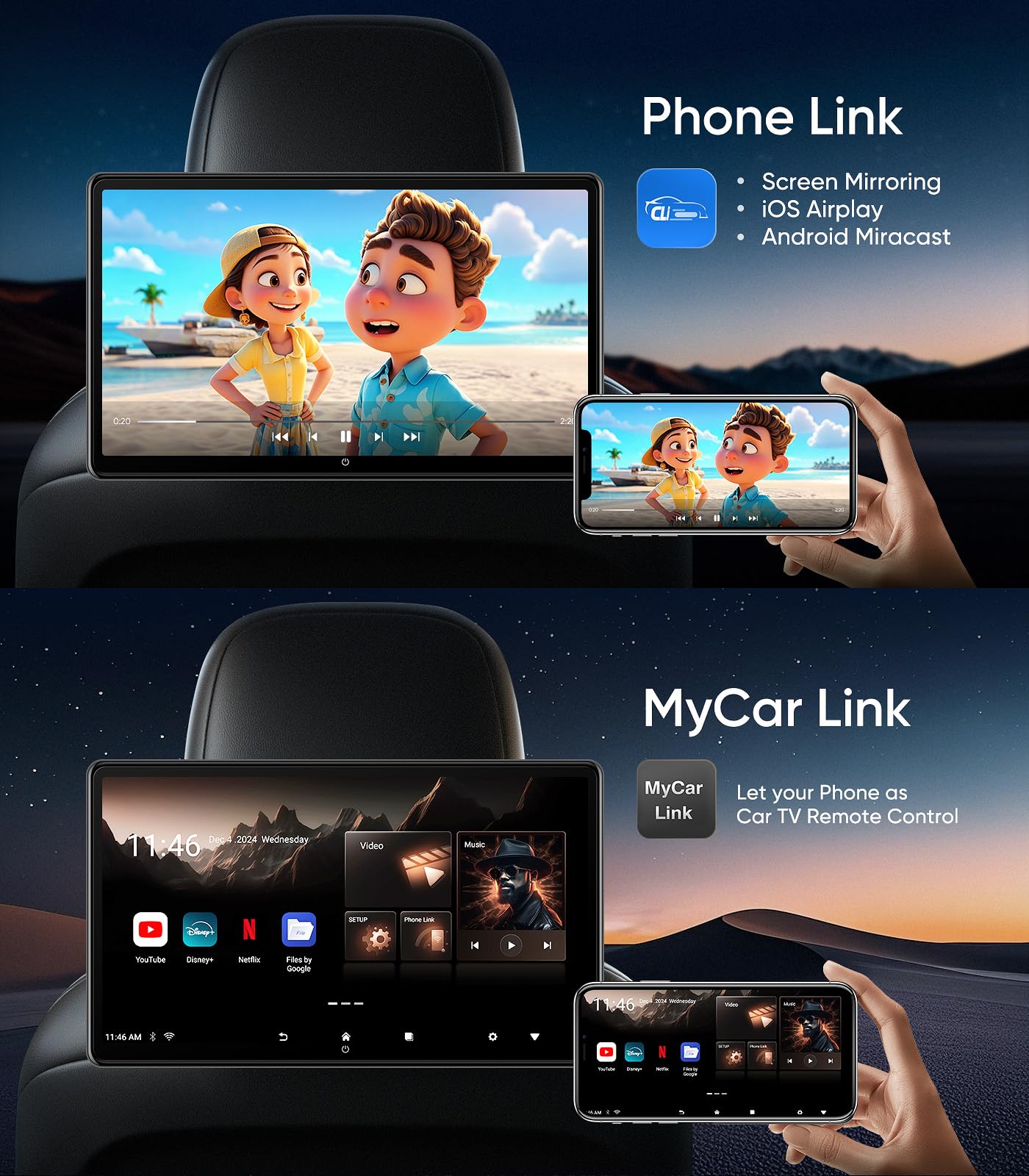 15.6" 4K Android headrest monitor, WiFi, Bluetooth, HDMI, dual screens