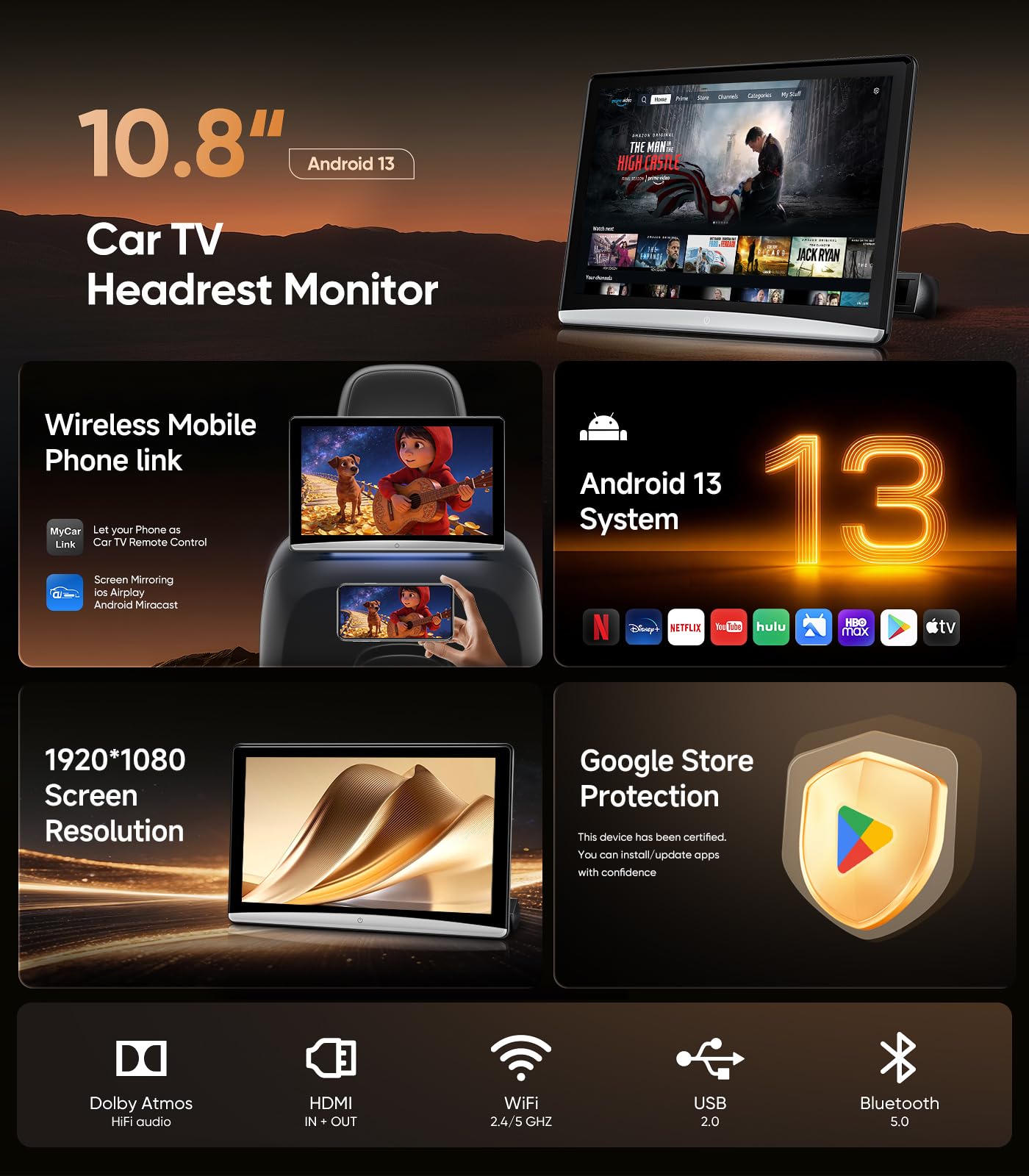 10.8" Android headrest monitor, 5G WiFi, Bluetooth, HDMI, rear screen