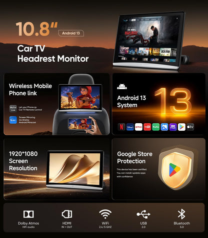 10.8" Android headrest monitor, 5G WiFi, Bluetooth, HDMI, rear screen