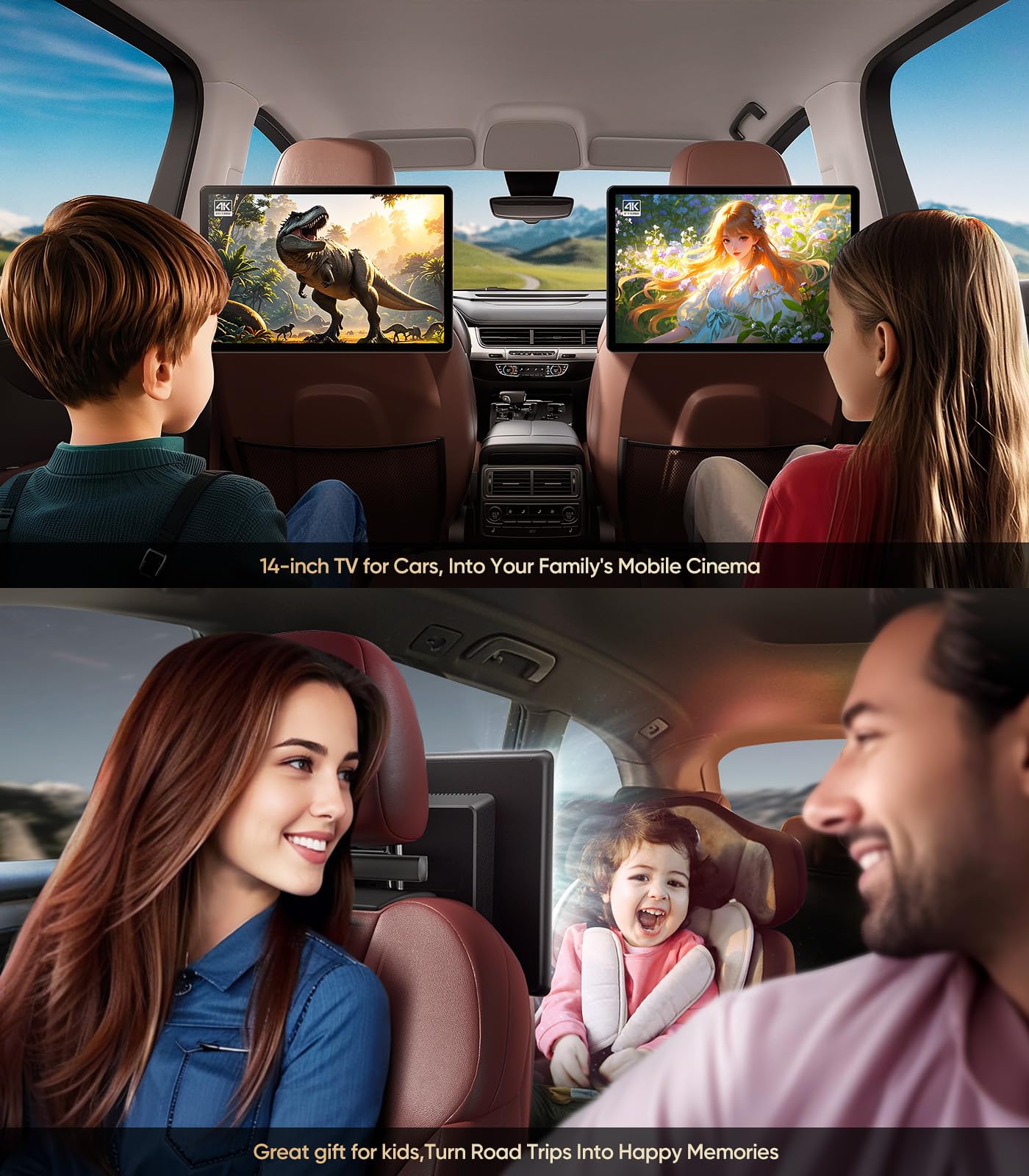 14" 4K Android headrest monitor, WiFi, Bluetooth, HDMI, dual screens
