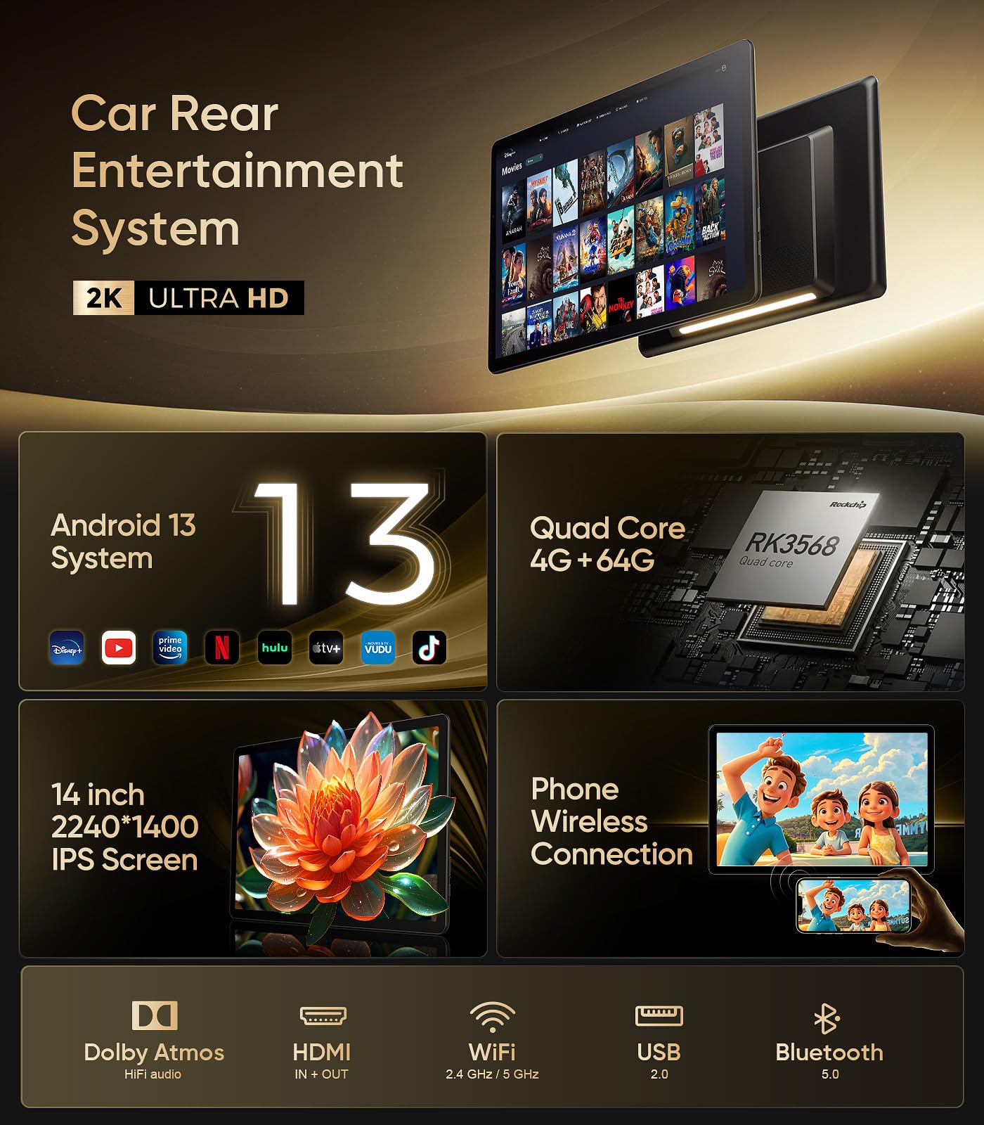 14" 4K Android headrest monitor, WiFi, Bluetooth, HDMI, dual screens