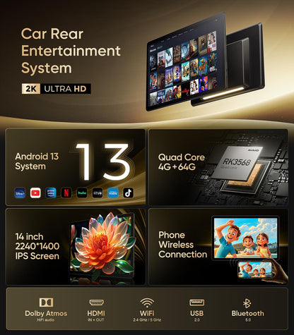 14" 4K Android headrest monitor, WiFi, Bluetooth, HDMI, dual screens