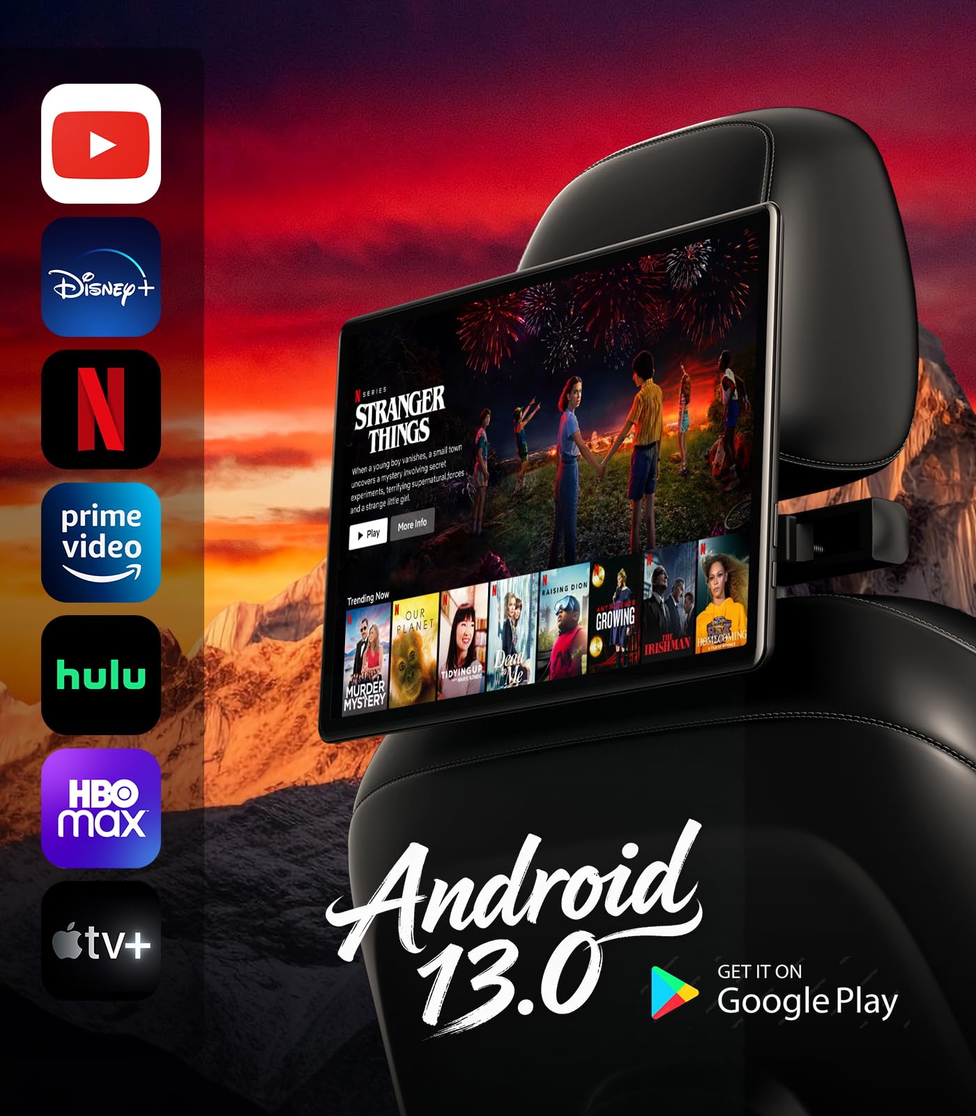 13.5" Android headrest monitor, 4K display, Netflix, HDMI, rear entertainment