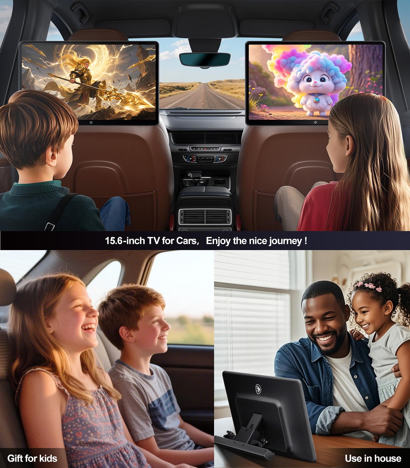 15.6" 4K Android headrest monitor, WiFi, Bluetooth, HDMI, dual screens